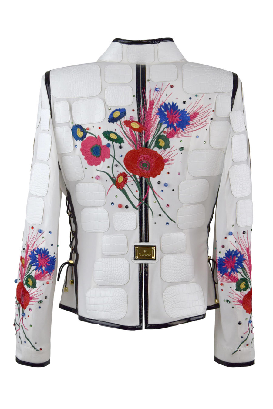 Haute Couture- Jacke mit "Country-embroidery"-5 Motive, Lederpatches und 268 handapplizierten Kristallen von Swarovski, Multisize, St.290.000