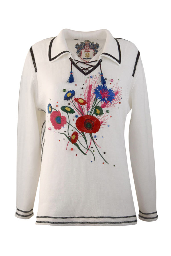 Pullover mit "Country-embroidery" und seitlicher Bordüre, 100% Baumwolle, Langarm