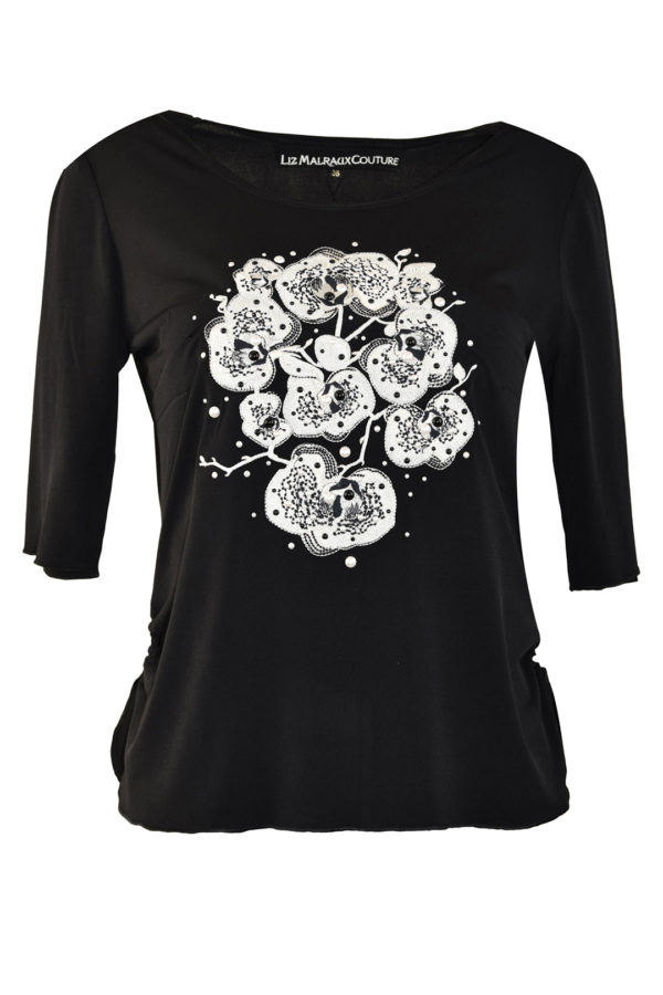 Shirt mit "orchidee-embroidery" 140 Perlen und Kristallen appliziert, Kurzarm, Stitches:75000