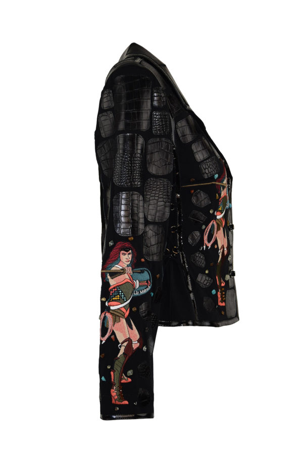 Haute Couture-Jacke mit "fantasy-embroidery"-5 Motive, handappliziert mit 145 Kristallen und Natursteinen Lederpatches in Kroko-Optik