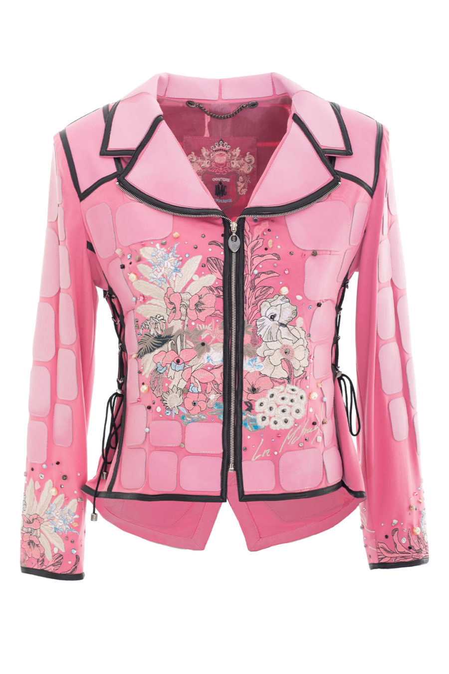 Haute-Couture Jacke mit "garden-embroidery" 5 Motive, 395 handapplizierten Kristallen und Natursteinen, Nappalederpatches, Langarm