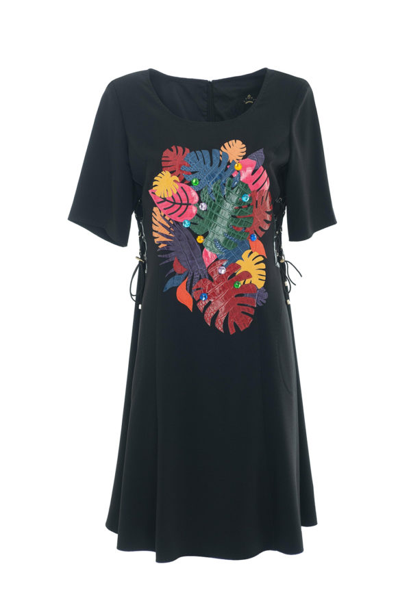 Couture Kleid appliziert mit 20 Blättern aus krokogeprägten Leder und 10 Kristallen, Multisize, Kurzarm