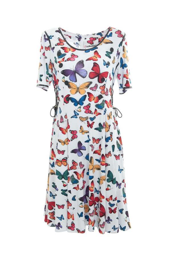 Kleid aus Viskose mit Butterfly-Print, mit Lackkontrasten und Zierknöpfen, seitlichen Taschen, Multisize, Kurzarm