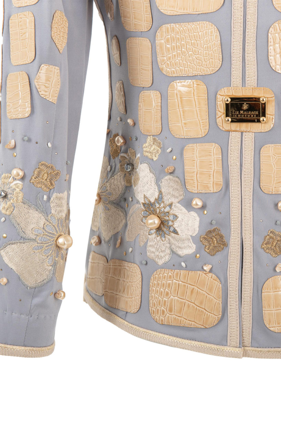 Haute Couture-Jacke mit "lace-embroidery" und Champagner-farbenen Lederpatches, von Hand mit 320 Kristallen und Perlen appliziert, Multisize