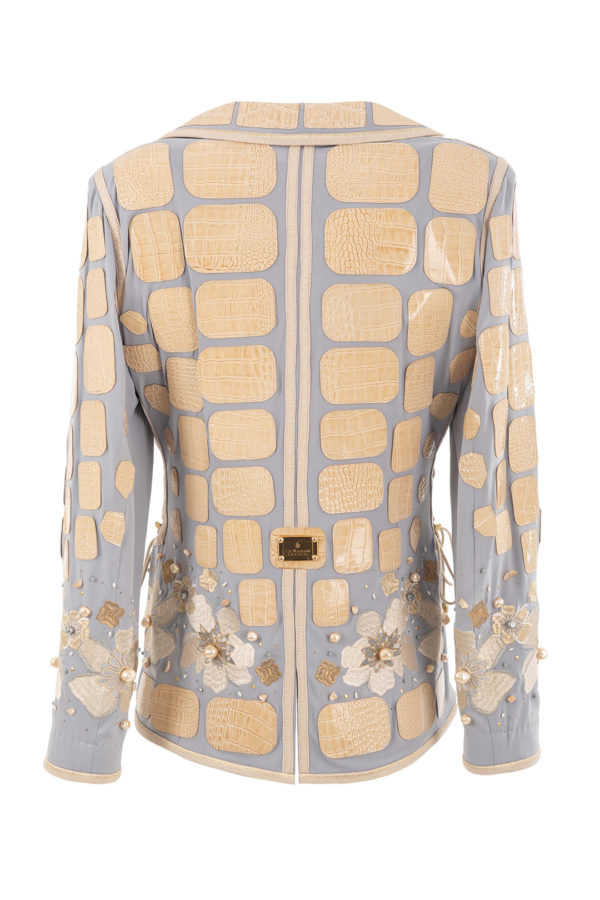 Haute Couture-Jacke mit "lace-embroidery" und Champagner-farbenen Lederpatches, von Hand mit 320 Kristallen und Perlen appliziert, Multisize