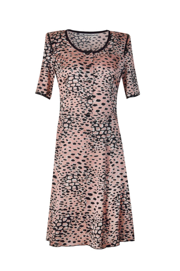 Kleid aus reiner Seide in apricot-schwarz-weiß, mit Lackkontrasten, Multisize, Kurzarm