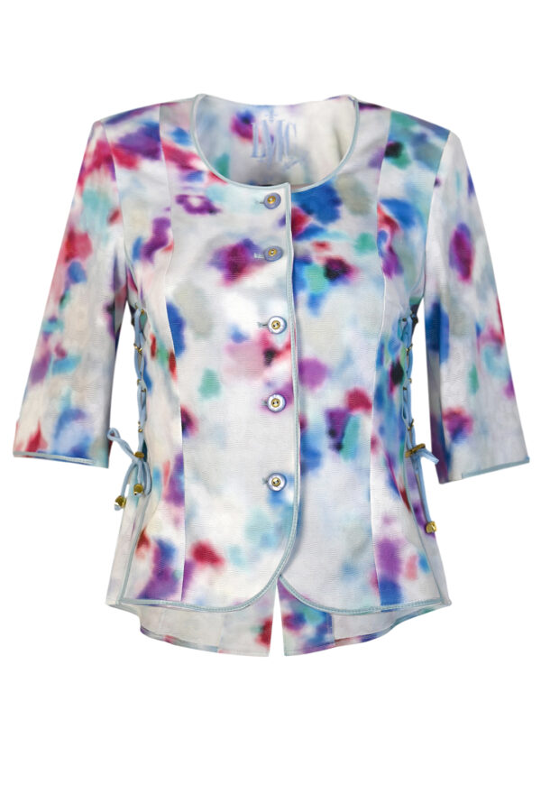 Blusenjacke in Calypsoprint auf elastischen Jaquard, mit Lackkontrasten, Kurzarm, Multisize - 42